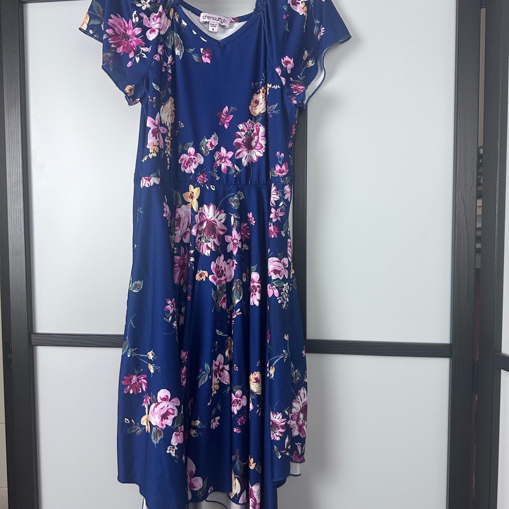 Chenault Girl Navy Dress with Pink Floral Design